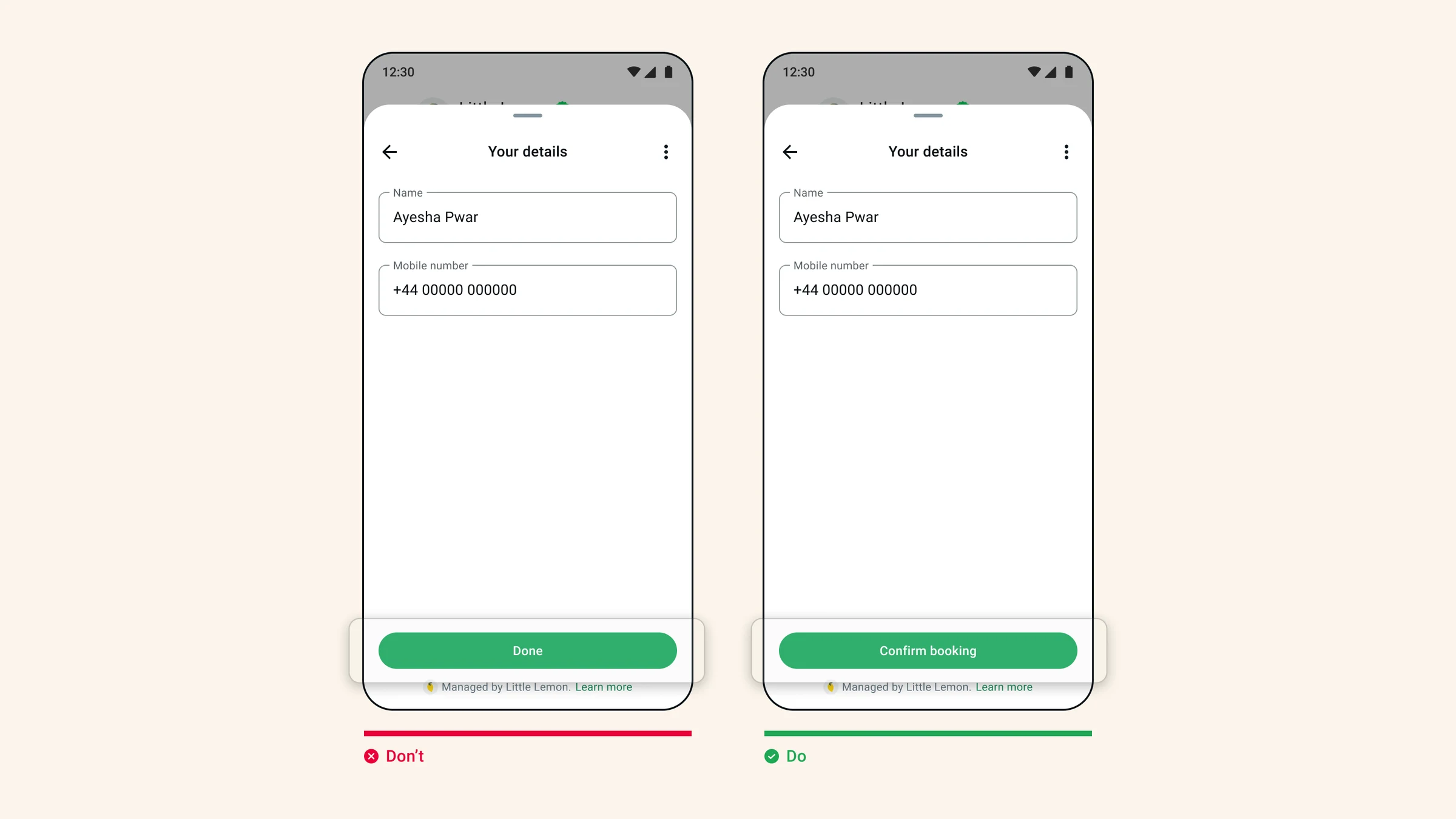 Done button compared with a more specific Confirm booking action