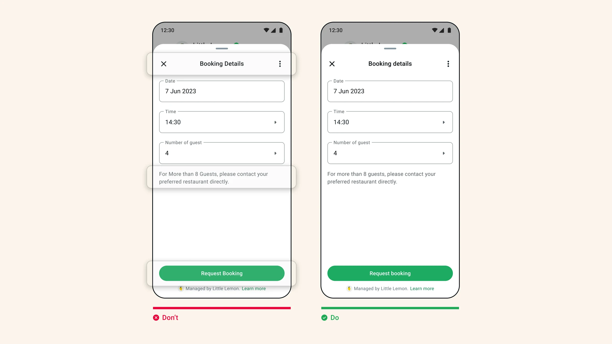 Booking labels and button text with consistent sentence capitalization