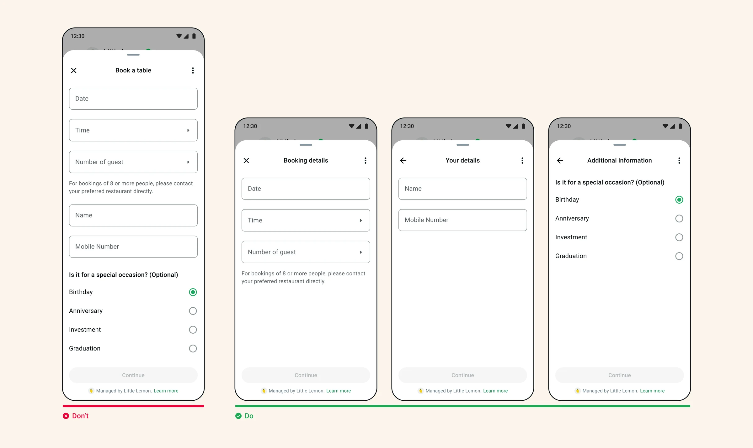 Comparison of one long booking form with shorter grouped booking screens