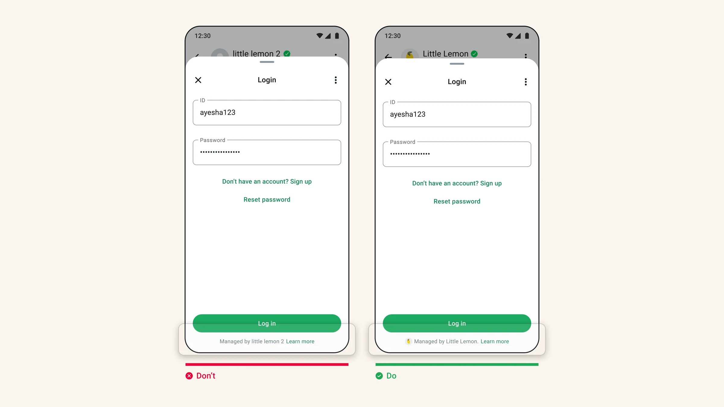 Comparison of inconsistent and consistent business identity around a sample form