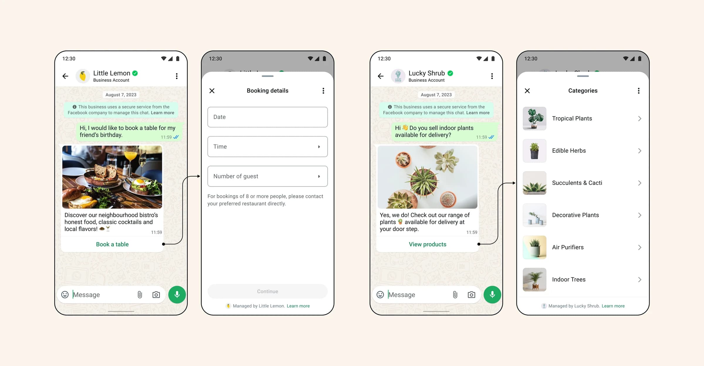Chat messages opening a table-booking form and product-category selection