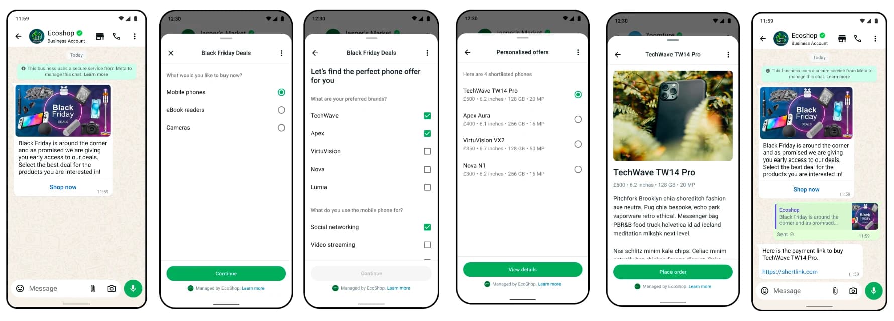 Illustrative WhatsApp shopping journey from category selection to a product shortlist