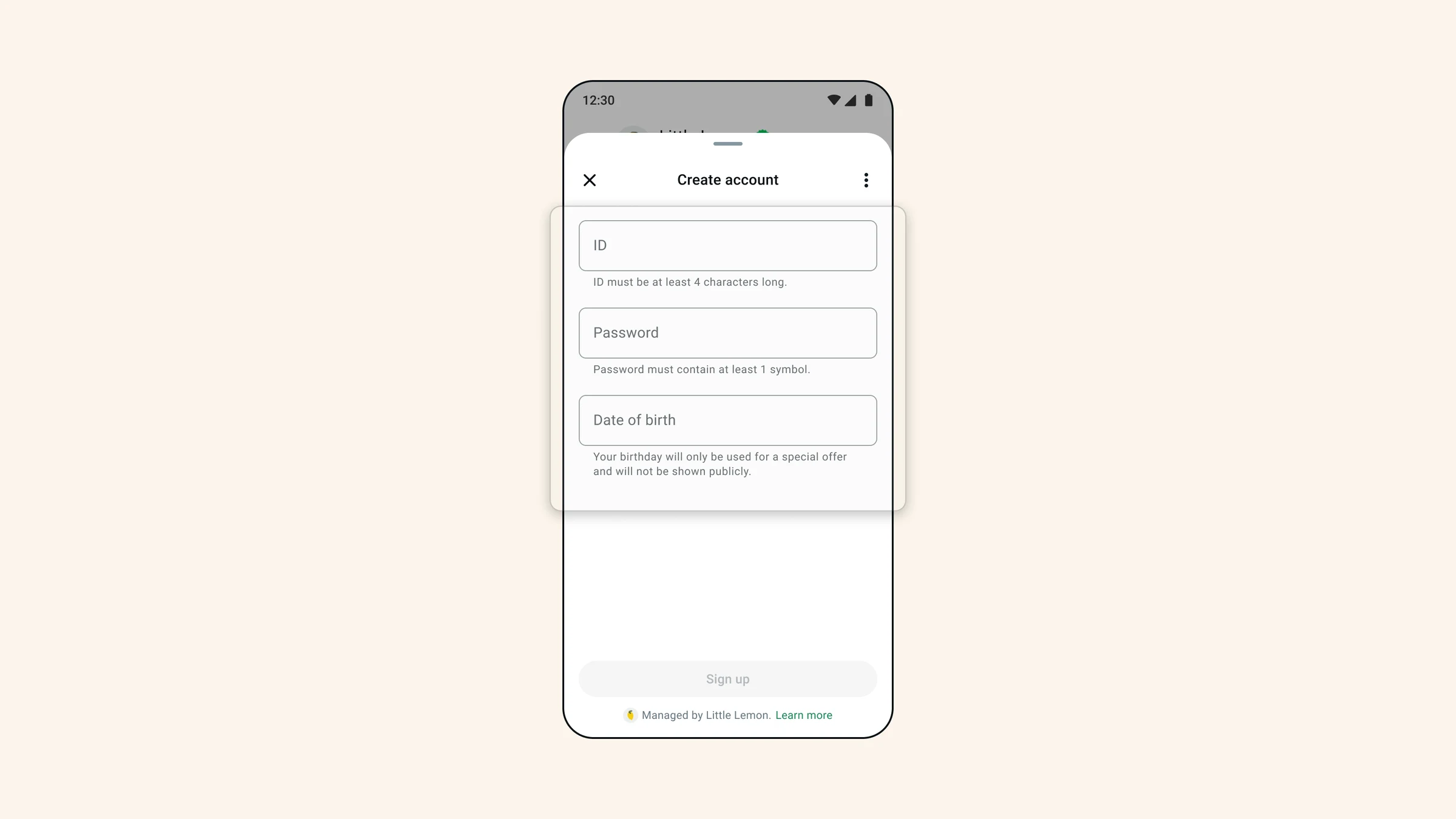 Example form showing helper text below related input fields